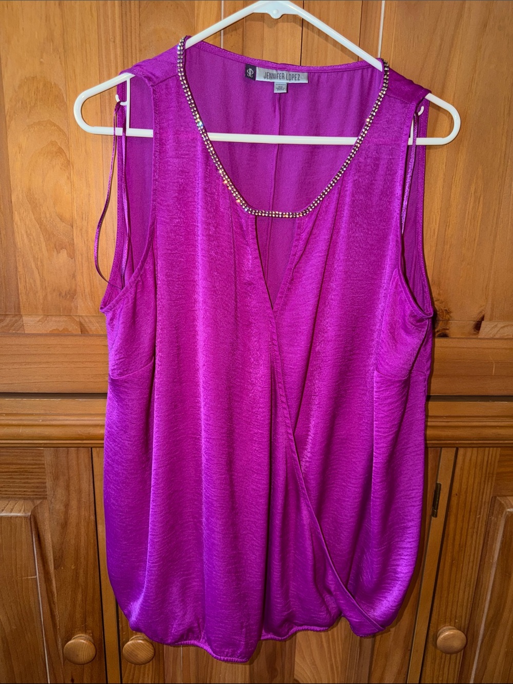 Jennifer Lopez Jewel-Trim Fuscia Satin-Look Sleeveless Top